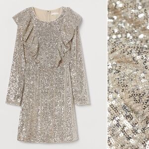 H&M festive cream flounce-trimmed sequined long sleeve mini dress NWT